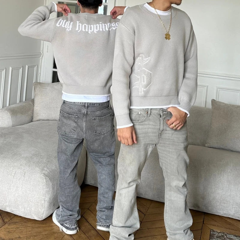 'Buy Happiness' Grey Knit Sweater
