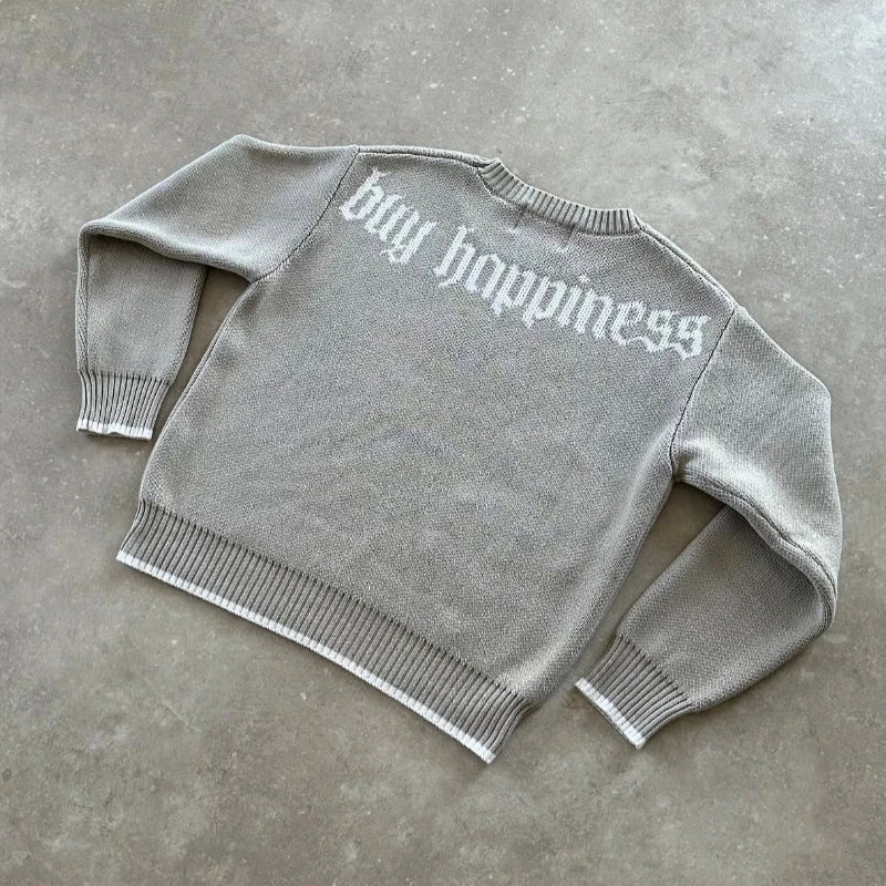 'Buy Happiness' Grey Knit Sweater