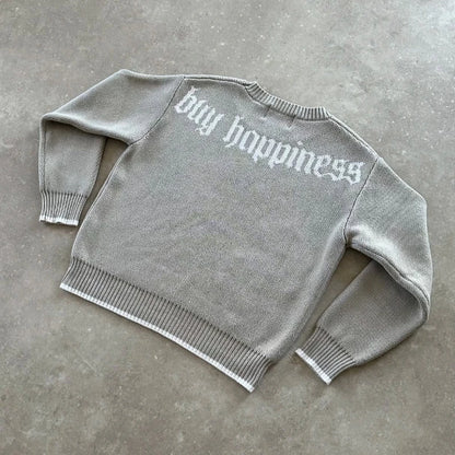 'Buy Happiness' Grey Knit Sweater